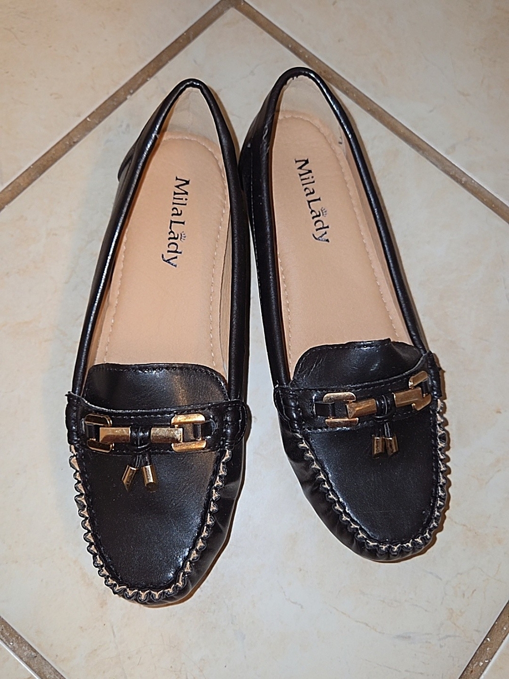 Mila Lady Black Women’s Slip-On Loafers with Gold Accent